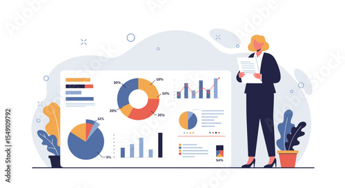Business data analysis and presentation with charts and graphs for professional reports vector illustration