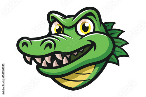 Cartoon green alligator head shows sharp teeth with yellow eyes in format