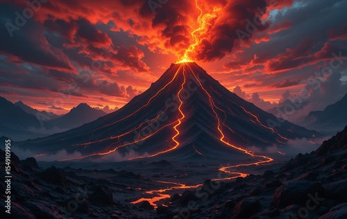 Dramatic volcanic eruption with glowing lava flowing down mountain slopes under fiery sky