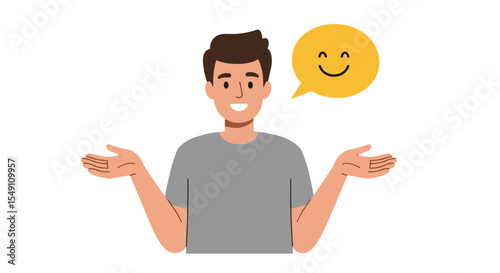 Cheerful young man with smiling face emoji speech bubble for communication design vector illustration