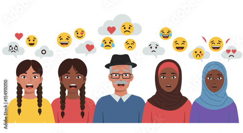 Diverse expressions and emotions in multicultural people vector illustration for educational and design use