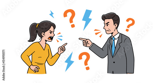 Animated illustration of a heated argument between man and woman with question marks and lightning vector illustration