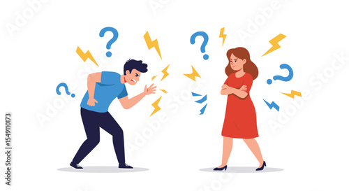 Conflict in relationship concept - couple arguing with question marks and lightning bolts illustration vector illustration