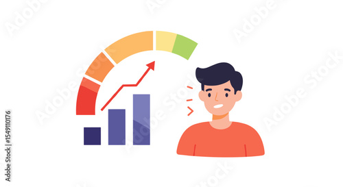 Positive business growth concept with bar graph and smiling person in vector illustration