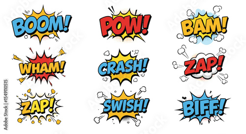 Comic book style sound effects collection for creative design projects vector illustration