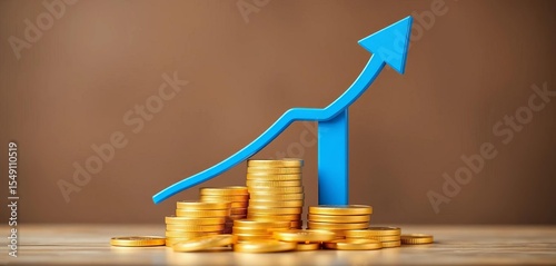 Blue arrow soaring upward above a golden stack of coins, symbolizing financial growth,  growth,  coins