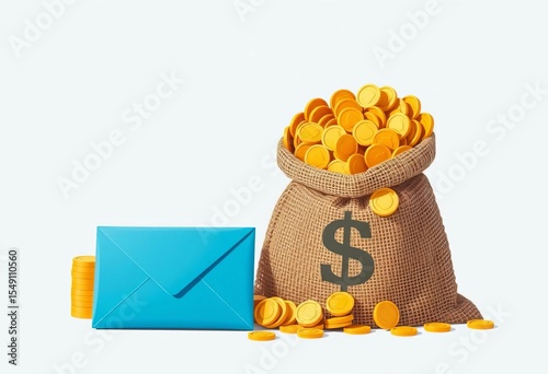 A burlap money bag overflowing with gold coins, alongside a closed blue envelope, in a flat vector style,  graphic,  illustration