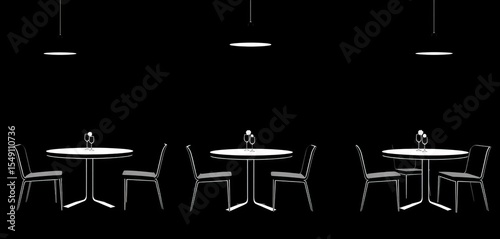 Black & white vector silhouettes of dining tables, various shapes and sizes, front view,  clipart,  isolated