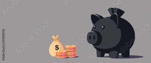 Black trendy flat vector illustration of a piggy bank and money bag, symbolizing banking and finance,  illustration,   financial