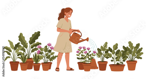 Woman watering plants in garden scene for home gardening and botanical enthusiasts vector illustration