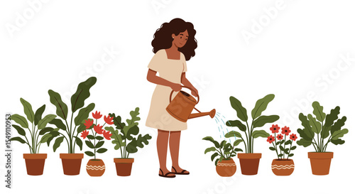 Woman watering indoor plants in pots - a gardening concept for home decor and relaxation vector illustration
