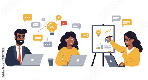 Collaborative teamwork and brainstorming session with technology for effective business solutions vector illustration