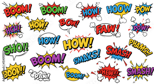 Colorful comic style sound effect words for dynamic graphic design vector illustration