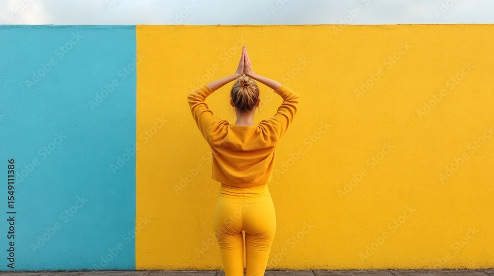 Fototapeta premium A woman gracefully practicing yoga poses against a vibrant, two-tone wall, embodying balance, focus, and self-awareness in a stylish and contemporary environment.