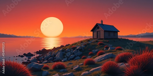Serene sunset over rocky coastal landscape with rustic cabin and vibrant red grass