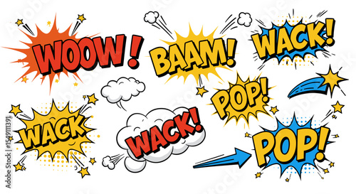 Colorful comic book style words with dynamic action effects for retro design vector illustration