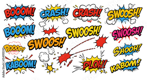 Vibrant comic book sound effects in pop art style for creative design projects vector illustration