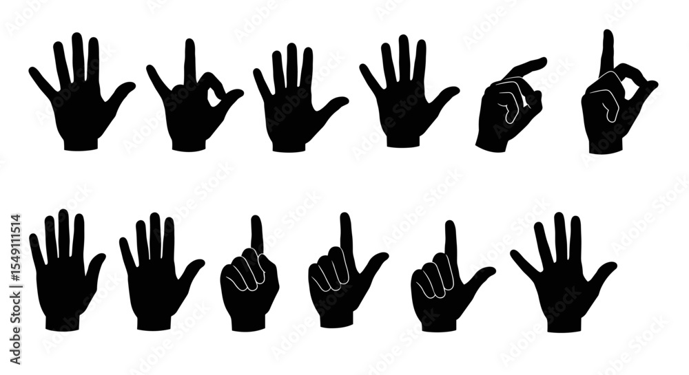 Fototapeta premium Hand gesture silhouette set for sign language learning and communication design vector illustration