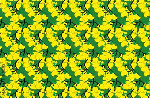 Bright yellow mangoes on lush green leaves in a seamless tropical vector design, fresh summer fruit concept for wallpaper, kitchen prints, and fabric

