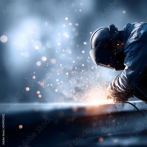 A skilled welder wea protective gear focuses on joining metal with bright sparks flying in an industrial workshop under dramatic lighting conditions.