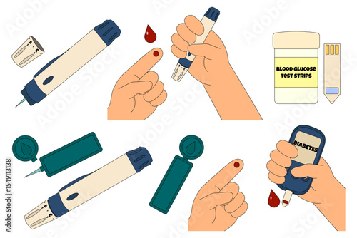 Set of diabetes testing and glucose monitoring with lancets, test strips, blood samples, and glucometer. Medical illustration isolated on white background. Concept of chronic illness and healthcare.