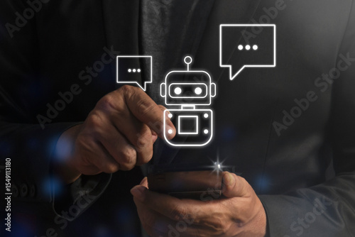 Businessman using Smartphone to connect with AI chatbot, AI technology in everyday life, search, global connectivity. Embrace the future of problem solving.