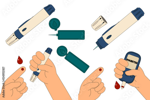 Set of diabetes blood sugar testing concept with lancet device, glucose meter, and finger prick for monitoring glucose levels. Flat vector medical illustration isolated. Chronic illness, healthcare.