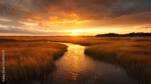 A stunning sunset casts a golden hue over a winding river through lush wetlands, evoking feelings of peace, serenity, and connection to nature's beauty.