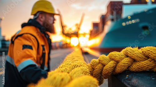 Worker in safety gear tying yellow rope on dockside ship at sunset with cranes