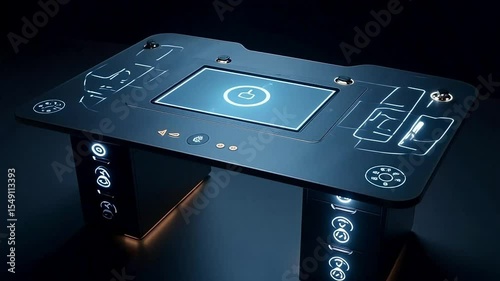 Futuristic Smart Desk with Integrated Technology Illuminated in Dark Room Setting