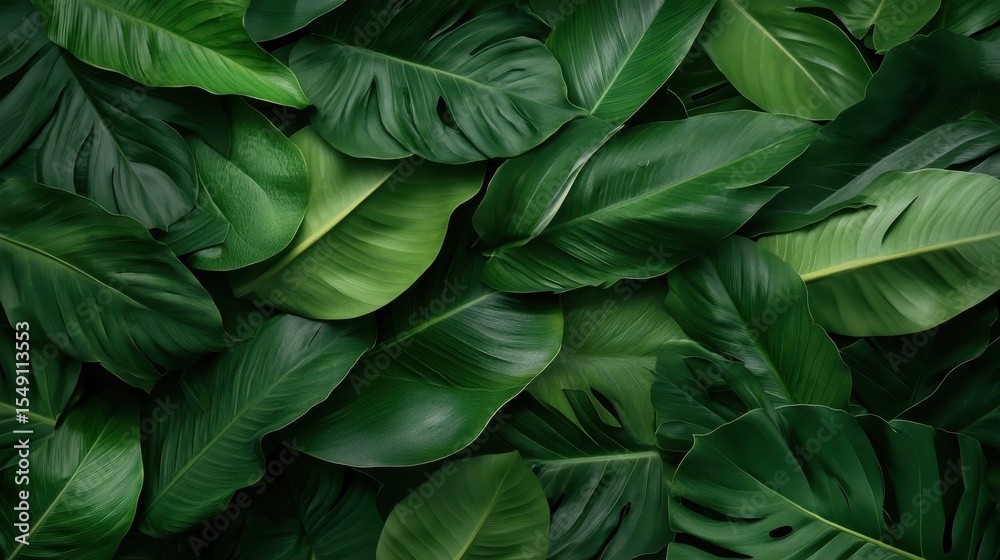 Obraz premium A stunning top-down view of layered lush green leaves, celebrating the diversity and vibrancy of foliage, perfect for showcasing nature's tranquility and rich textures.