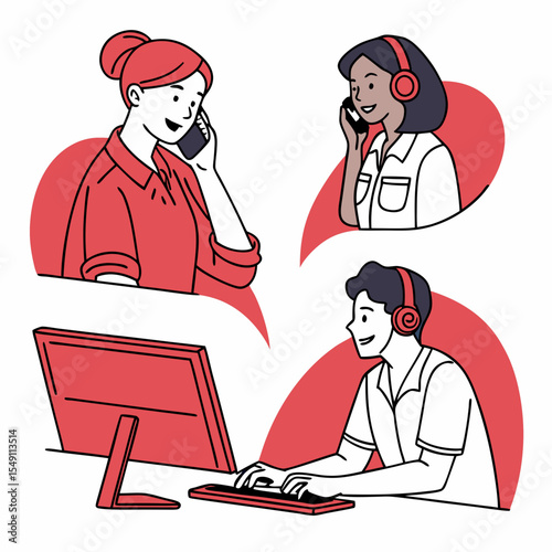 Customer service concept illustrations. Collection of individual scenes for technical support assistant, customer and operator vector. Customer service, hotline operator advises customer, online