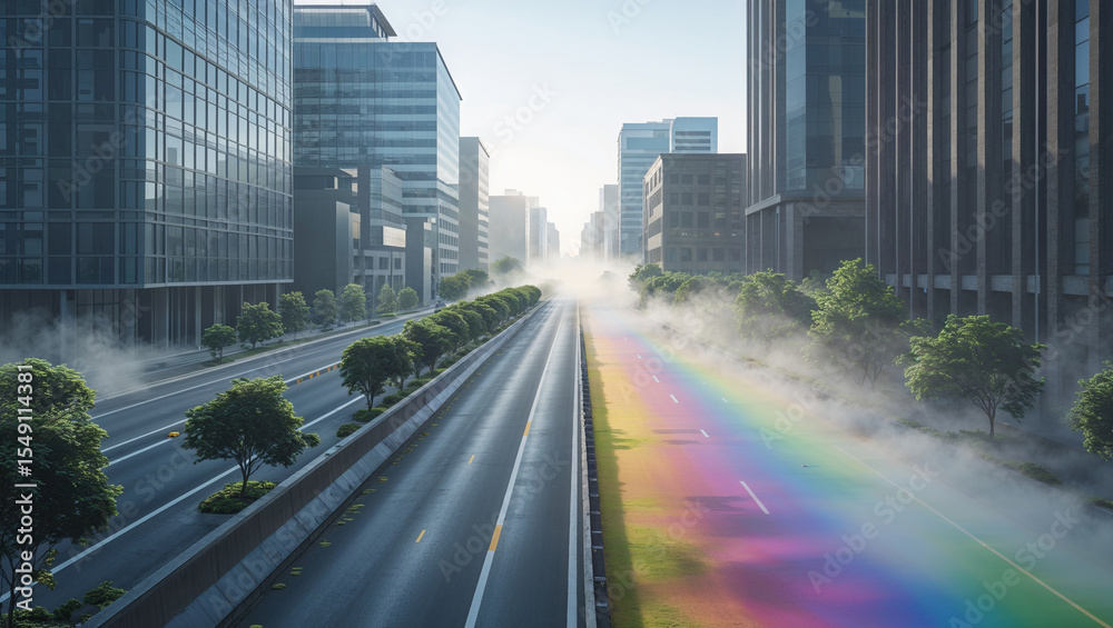 Colorful urban road amidst fog and skyscrapers with rainbow overlay and modern city landscape Colorful urban road amidst fog and skyscrapers with rainbow overlay and modern city landscape