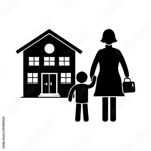 Mother and Child Walking to School Silhouette – Black Vector Clipart Illustration

