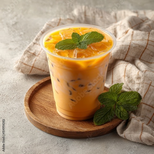 Iced Tea with Mint in Plastic Cup on Wooden Coaster photo