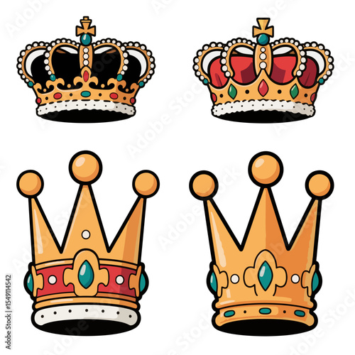 Four stylized crowns icon , two regal and two simpler, displayed against a white background.
