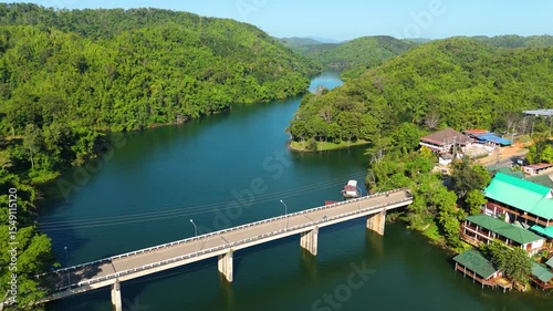 Skyview in the countryside with the village villagers mountain forest waterfall by drone