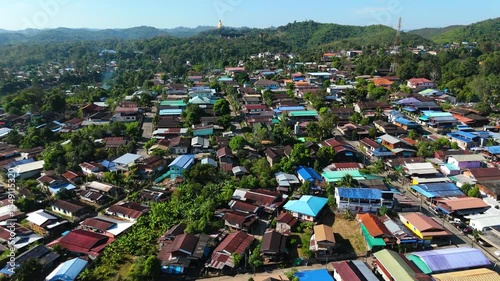 Skyview in the countryside with the village villagers mountain forest waterfall by drone