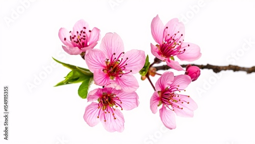 Close-up of delicate pink cherry blossoms blooming on a branch against a white background