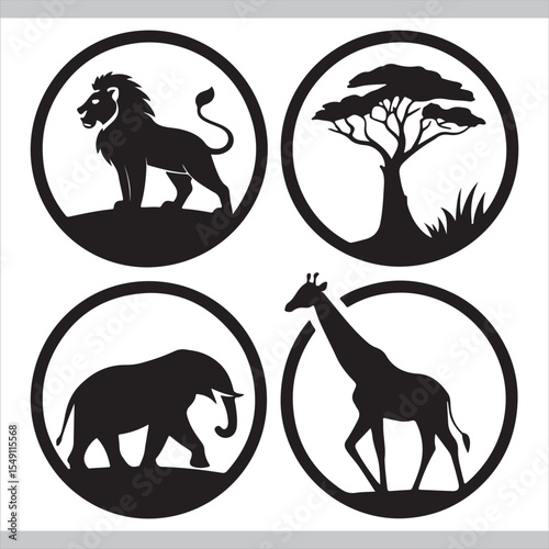 Silhouette vector set of wild and domestic animals in black icon style