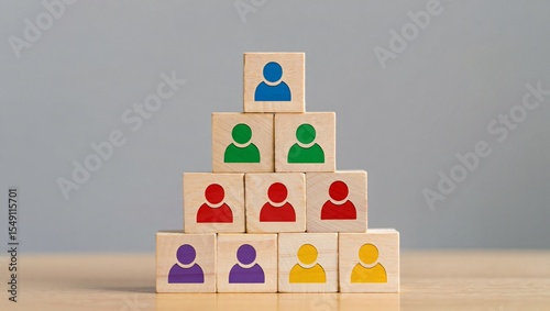 Colorful wooden blocks pyramid showing a hierarchical structure, teamwork concept