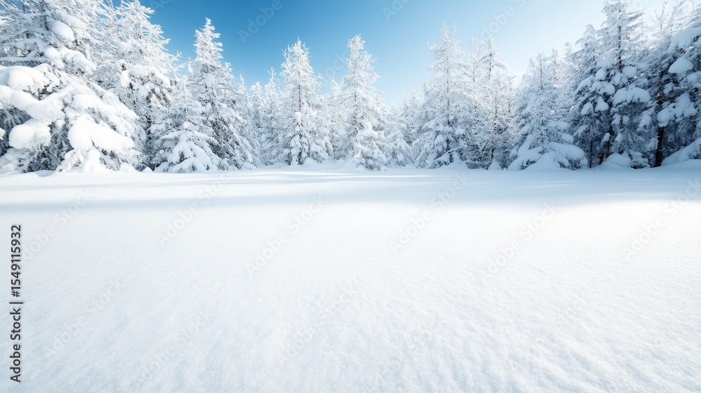 Fototapeta premium A breathtaking winter landscape filled with snow-covered trees under a clear blue sky, embodying the tranquility and beauty of nature during the cold season.