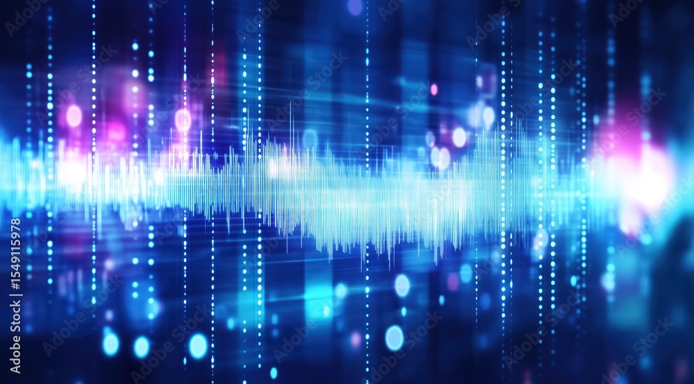 Fototapeta premium Soundwave Visualization: A vibrant abstract portrayal of a soundwave pulses with energy, its dynamic lines and glowing particles symbolizing the invisible force of sound, with shades of blue and pink.