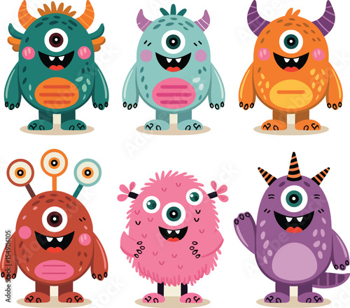 Cute colorful cartoon monster vector set with funny expressions for kids design and decoration  
