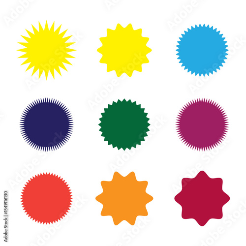 Star round sticker tag icon shape set. Circle starburst label shape for promo, sale, price offer badge sticker. Round tag shape vector icon. Sale, promo label graphic design. Vector ... 