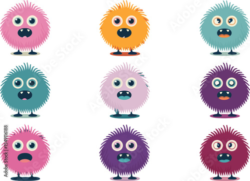 Furry round cartoon monster vector set with cute faces and expressions for kids art and design use  

