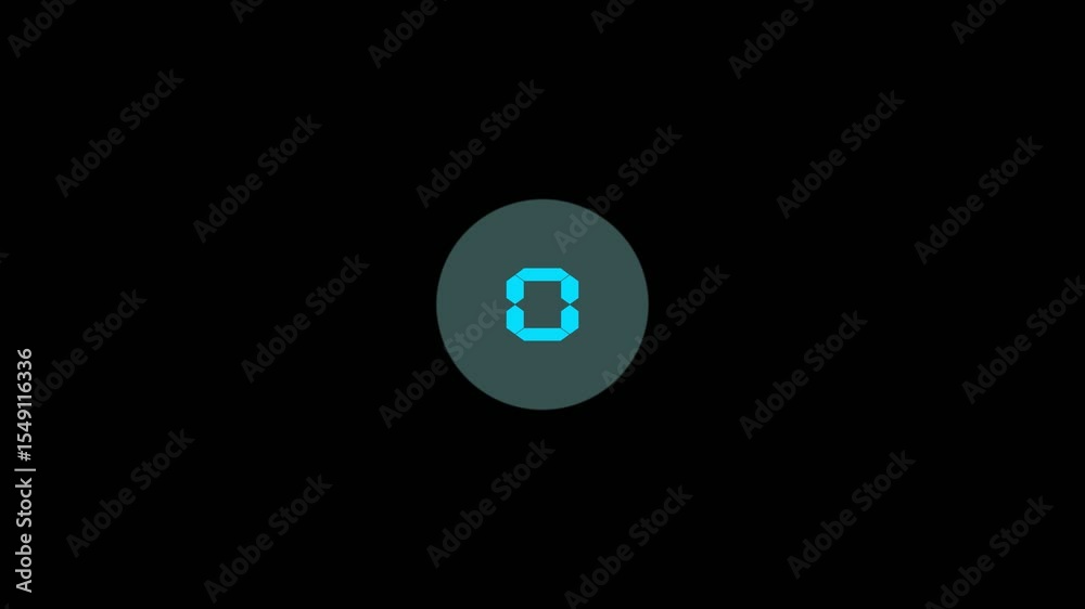 Digital Countdown Bright Cyan transparent circle 5 seconds from 5 to 0 number 4k animation with alpha channel on balck background