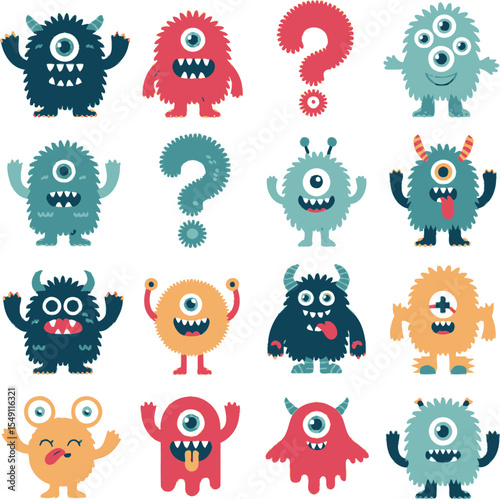 Funny cartoon vector monsters with cute faces and arms in colorful style for kids and design
