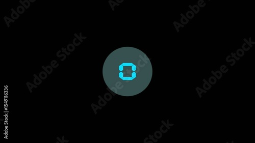 Digital Countdown Bright Cyan transparent circle 5 seconds from 5 to 0 number 4k animation with alpha channel on balck background
