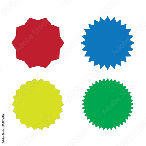 Star round sticker tag icon shape set. Circle starburst label shape for promo, sale, price offer badge sticker. Round tag shape vector icon. Sale, promo label graphic design. Vector ... 